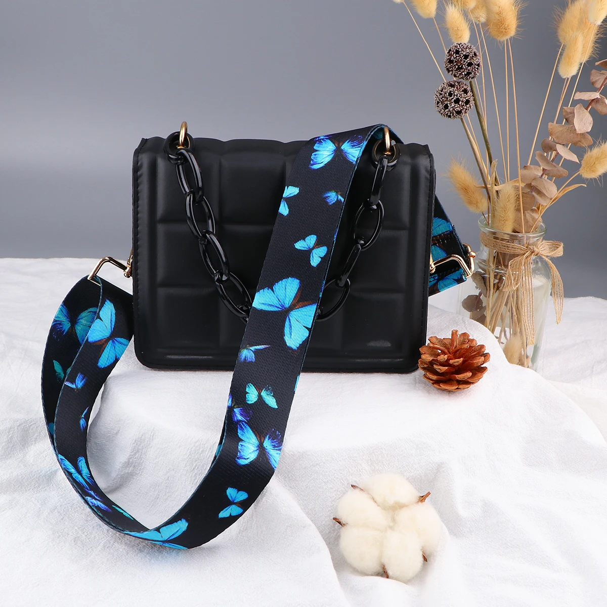 Color: Orange - Butterfly Flower Pattern Women Shoulder Messenger Bags DIY Adjustable Nylon Strap Bag Part Accessories Female Handbag Strap