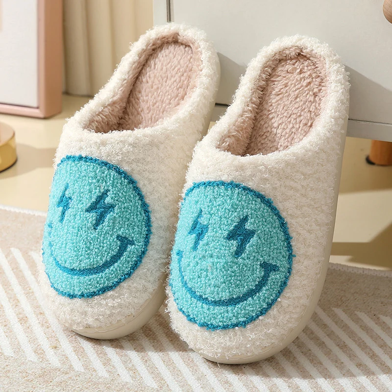 Color: Beige, Shoe Size: 39 - Leopard Print Winter Slippers Women Lightning Smile Face Fluffy Fur Slippers Woman Indoor Anti-slip Furry Couple Cotton Slides