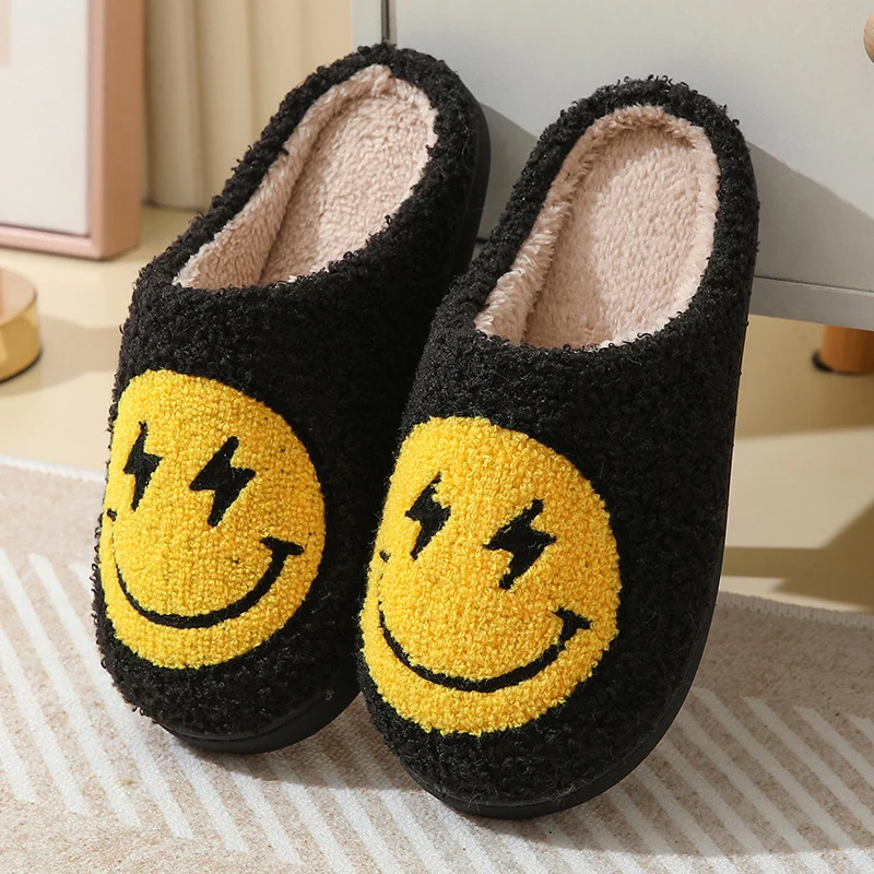 Color: Beige, Shoe Size: 39 - Leopard Print Winter Slippers Women Lightning Smile Face Fluffy Fur Slippers Woman Indoor Anti-slip Furry Couple Cotton Slides