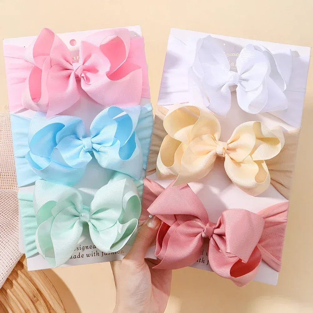 Color: Dark Khaki - 1pcs Baby Wide Ribbon Nylon Turban Girls Big Bows Hair Accessories Child Headband Elastic Hair Bands Ribbon Bows Infant Headwear