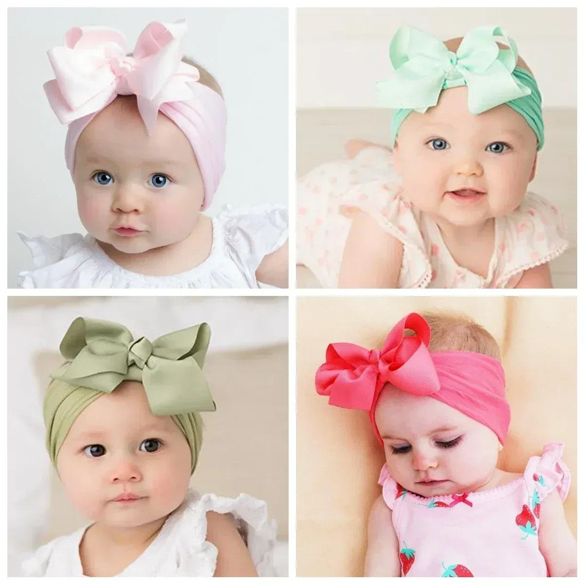 Color: Dark Khaki - 1pcs Baby Wide Ribbon Nylon Turban Girls Big Bows Hair Accessories Child Headband Elastic Hair Bands Ribbon Bows Infant Headwear