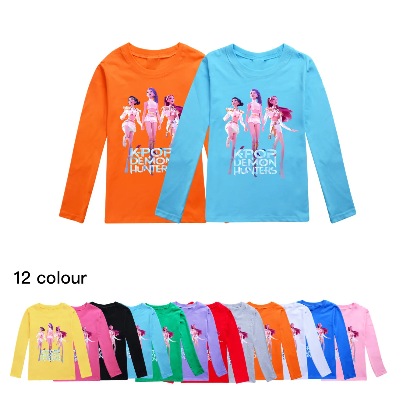 Color: SKY BLUE, Kid Size: 8 - KPop Demon Hunters Huntrix Tshirt Kids Clothes Teenage Boys O-Neck Cartoon Casual T-shirts Girls Long Sleeve Tops Child Clothing