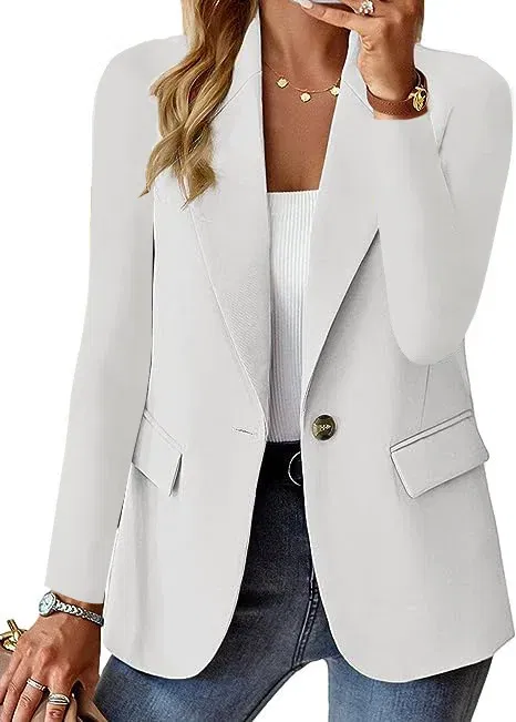 Color: WHITE, Size: XXL - Womens Spring Winter Down Full Long Sleeve Coat Autumn Blazer Button Outwear Suit Cardigan Female