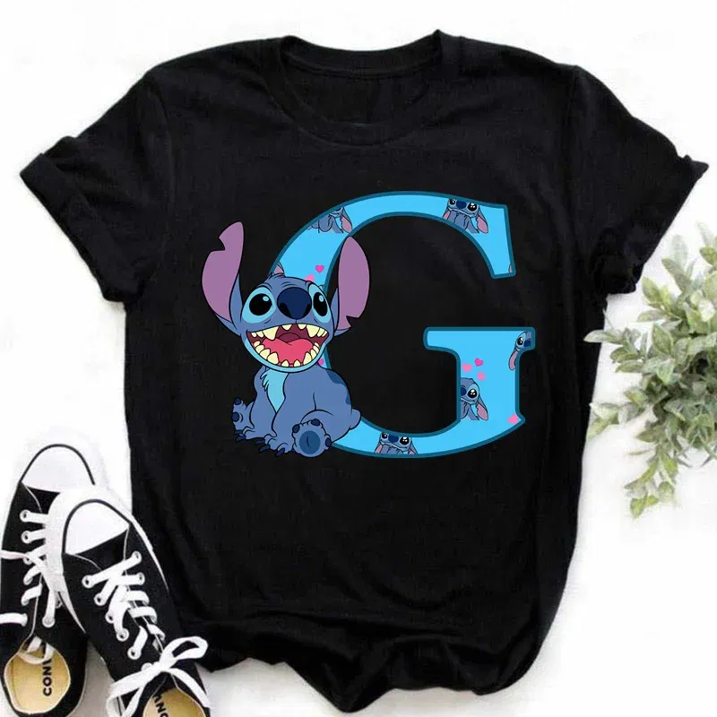 Color: green, Size: XXL - Disney Lilo&Stitch A-Z Alphabet Summer Women's Printed T-Shirt Women's Casual Tops T-Shirt Fashion Cartoon Plus Size T-Shirt