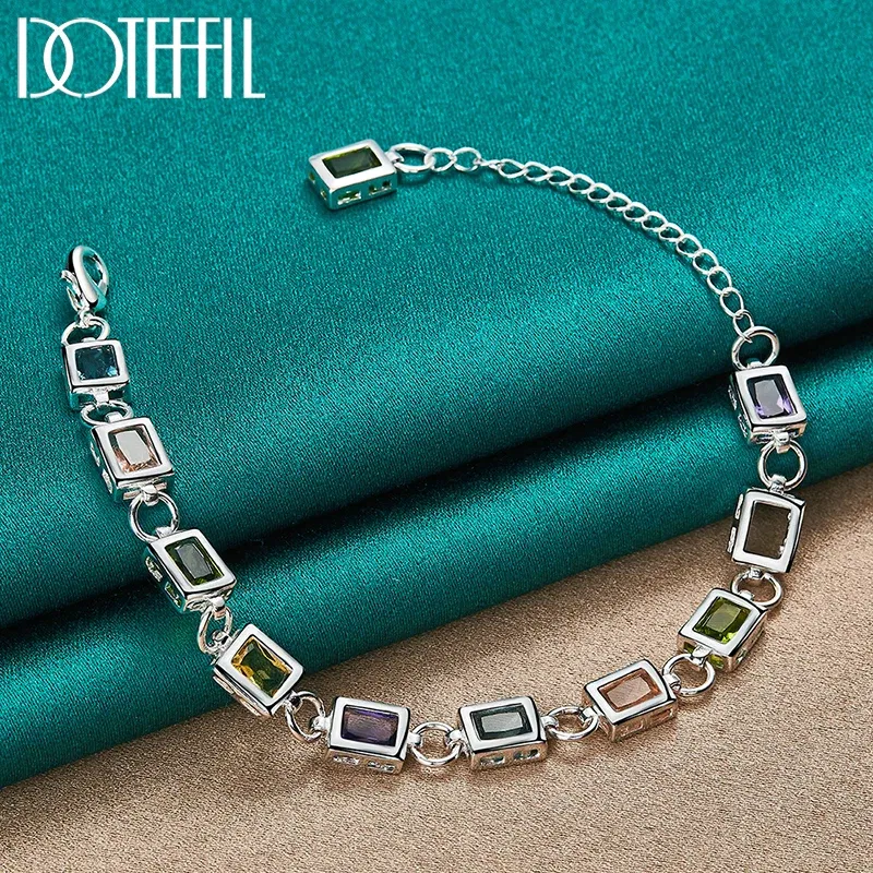DOTEFFIL 925 Sterling Silver Square inlaid With Multi-color AAA Zircon Bracelet Chain For Woman Engagement Party Wedding Jewelry