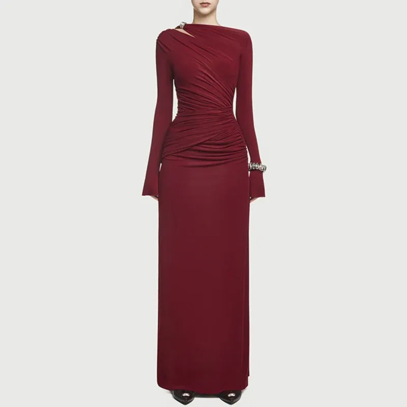 QMQA Fashion Women's Solid Slimming Spliced Folds Dresses Round Neck Long Sleeves Patchwork Zipper Dress Female Clothing QM164