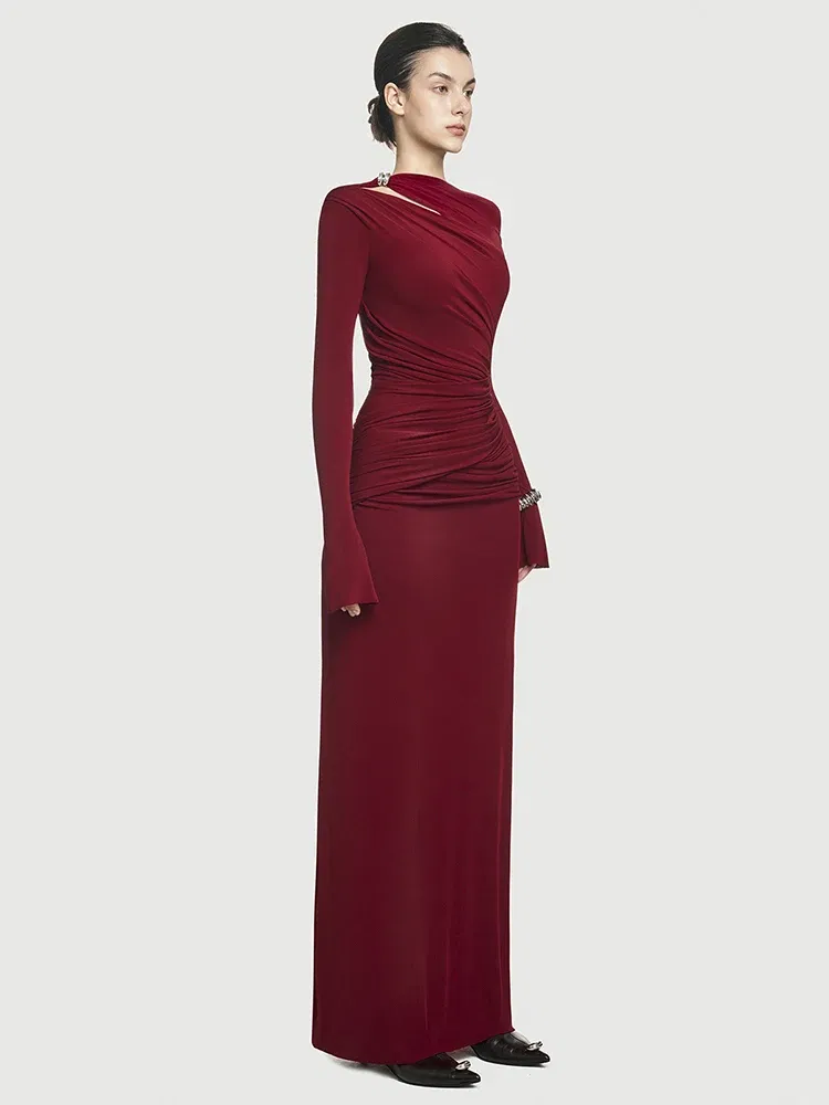 QMQA Fashion Women's Solid Slimming Spliced Folds Dresses Round Neck Long Sleeves Patchwork Zipper Dress Female Clothing QM164
