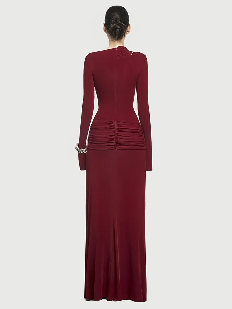 QMQA Fashion Women's Solid Slimming Spliced Folds Dresses Round Neck Long Sleeves Patchwork Zipper Dress Female Clothing QM164