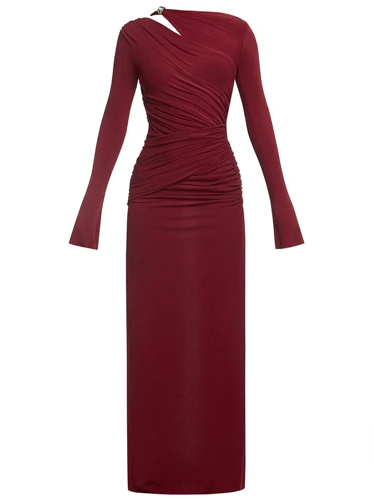 QMQA Fashion Women's Solid Slimming Spliced Folds Dresses Round Neck Long Sleeves Patchwork Zipper Dress Female Clothing QM164