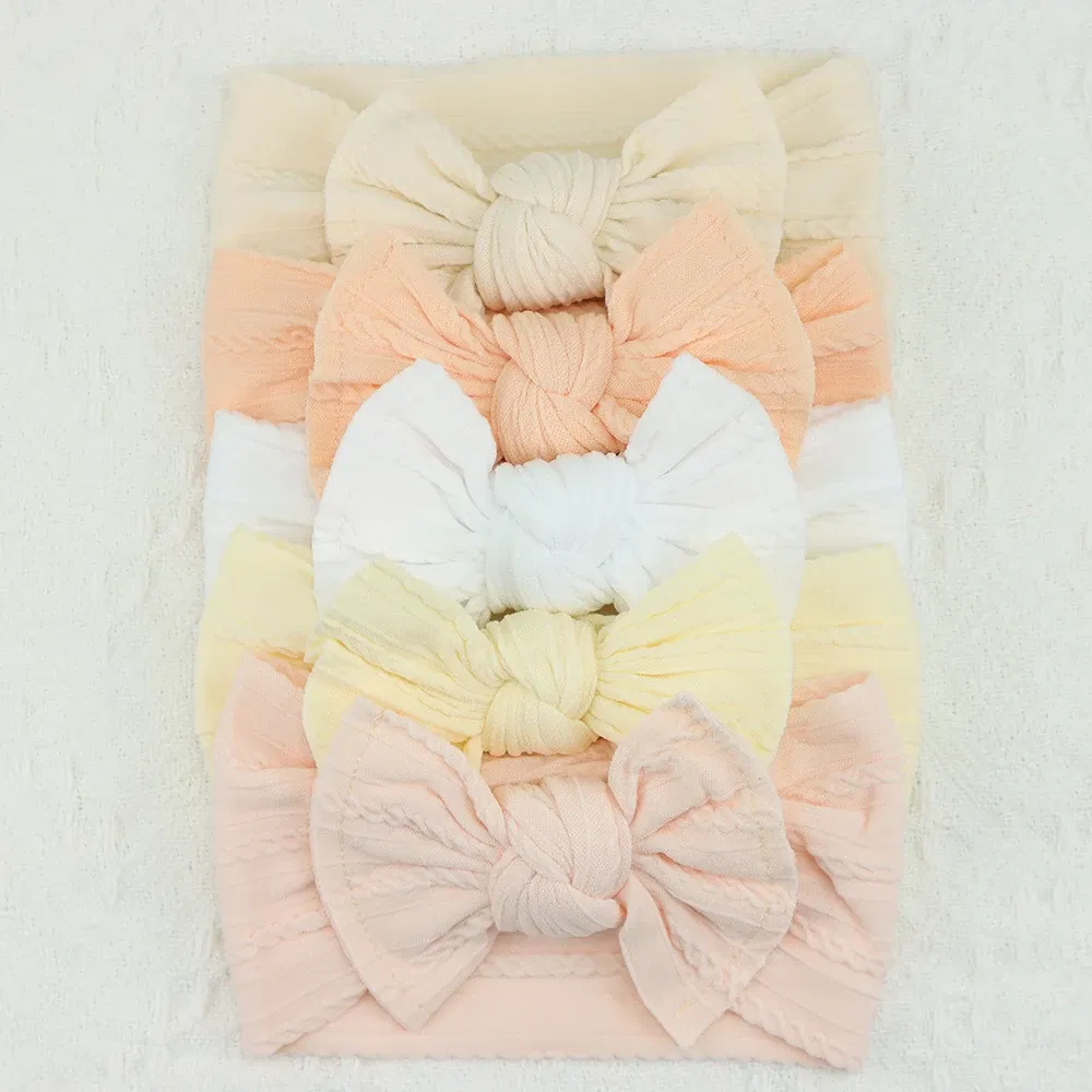 Color: GRAY - 5pcs/Lot Cable Knit Bow Baby Headbands Elastic Nylon Baby Girl Headband For Children Turban Newborn Infant Kids Hair Accessories