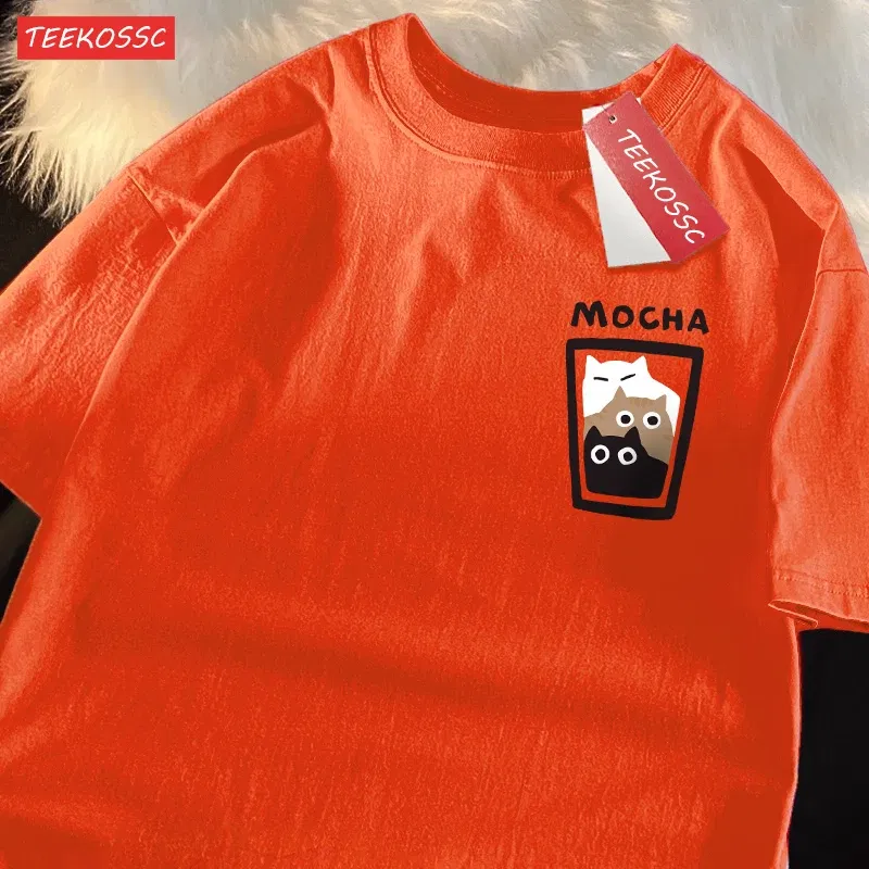 Color: Yellow, Size: XXL - Mocha Latte Couple Outfit Cat Coffee Couple Male T-Shirts Graphic Cool Tee Shirt High-Quality Oversized Tshirt Comfort Soft