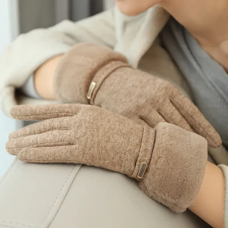 Color: Blue, Gloves Size: One Size - Winter Women Keep Warm Plus Velvet Touch Screen Thicken Plush Wrist Suede Gloves Fashion Personality Elegant Drive Cycling