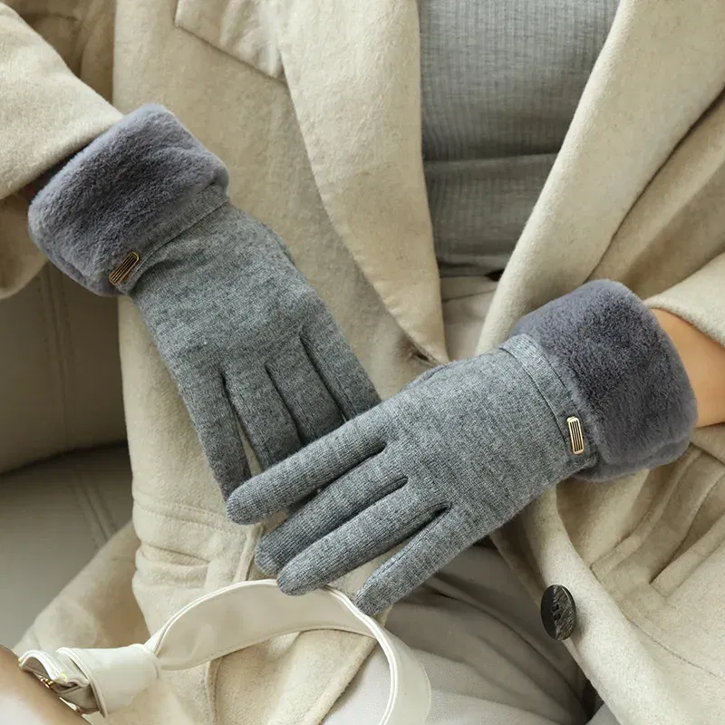 Color: Blue, Gloves Size: One Size - Winter Women Keep Warm Plus Velvet Touch Screen Thicken Plush Wrist Suede Gloves Fashion Personality Elegant Drive Cycling