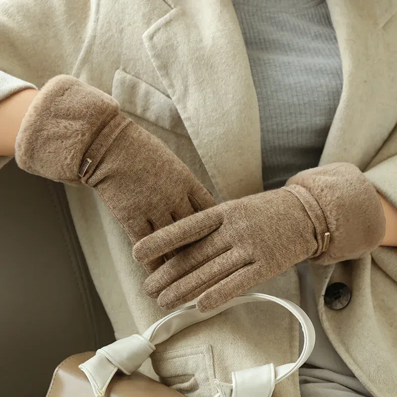Color: Blue, Gloves Size: One Size - Winter Women Keep Warm Plus Velvet Touch Screen Thicken Plush Wrist Suede Gloves Fashion Personality Elegant Drive Cycling