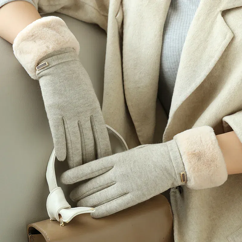 Color: Blue, Gloves Size: One Size - Winter Women Keep Warm Plus Velvet Touch Screen Thicken Plush Wrist Suede Gloves Fashion Personality Elegant Drive Cycling