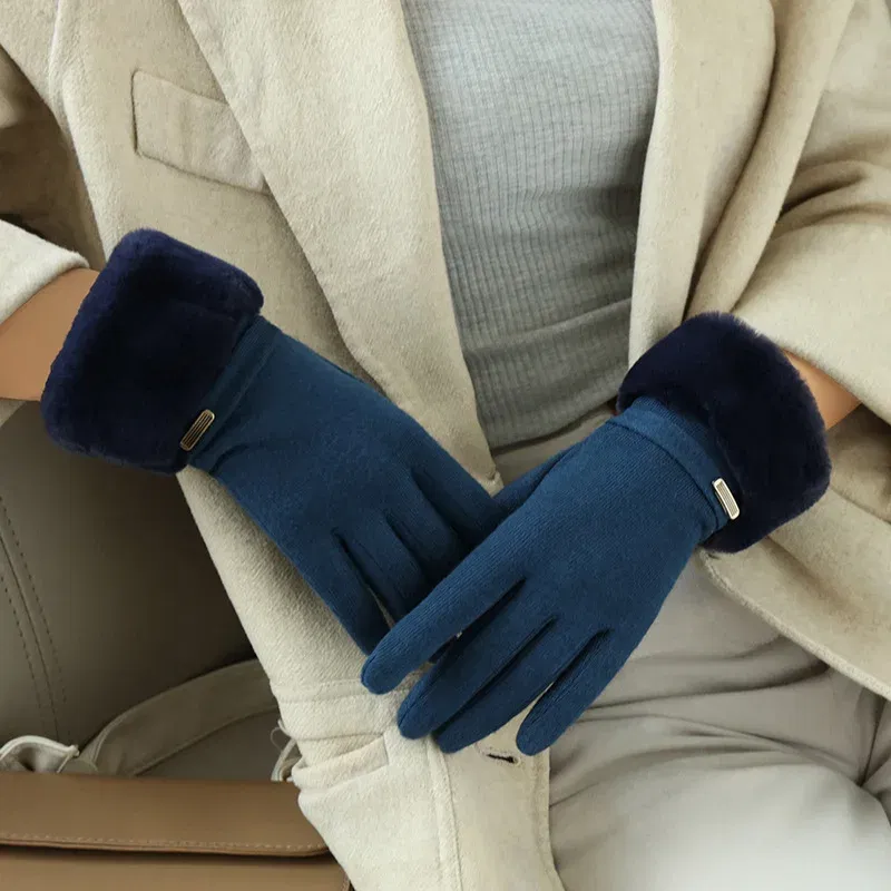Color: Blue, Gloves Size: One Size - Winter Women Keep Warm Plus Velvet Touch Screen Thicken Plush Wrist Suede Gloves Fashion Personality Elegant Drive Cycling