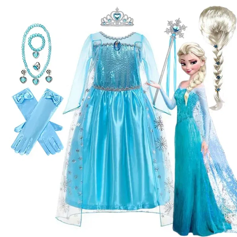Color: Pink, Kid Size: 14 - Disney Girls Cospaly Snow Queen Elsa Costumes Kids Carnival Party Prom Gown Robe-Playing Children Clothes Frozen Princess Dress