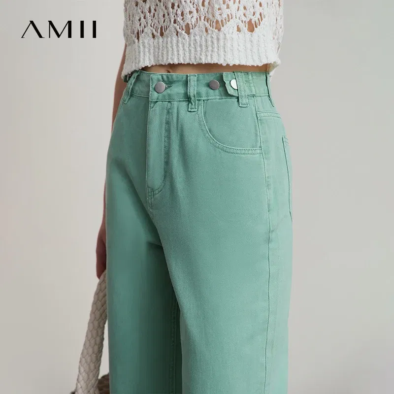 AMII Minimalist Women's Jeans 2025 Summer New Versatile Retro Straight-leg Pants Solid Color Cotton Commuter Trousers 12542023