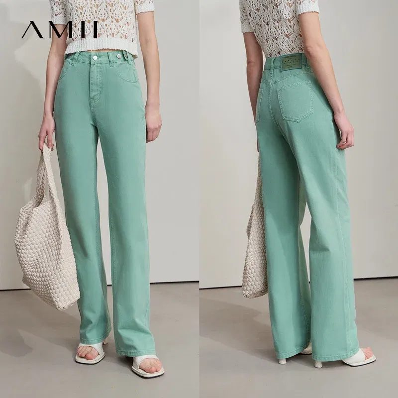 AMII Minimalist Women's Jeans 2025 Summer New Versatile Retro Straight-leg Pants Solid Color Cotton Commuter Trousers 12542023