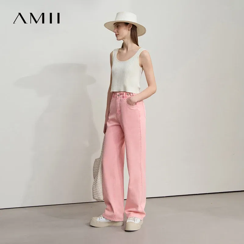 AMII Minimalist Women's Jeans 2025 Summer New Versatile Retro Straight-leg Pants Solid Color Cotton Commuter Trousers 12542023