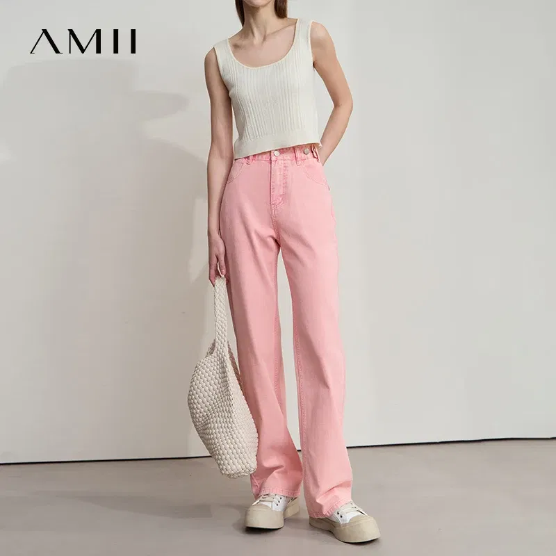 AMII Minimalist Women's Jeans 2025 Summer New Versatile Retro Straight-leg Pants Solid Color Cotton Commuter Trousers 12542023