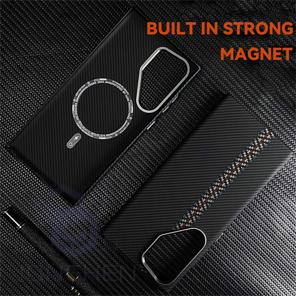 Color: Blue, Material: leather - Carbon Fibre 3D Relief For MagSafe Case For Samsung Galaxy S24 Ultra S23 Plus Wireless Charge Hard PC Shockproof Magnetic Cover
