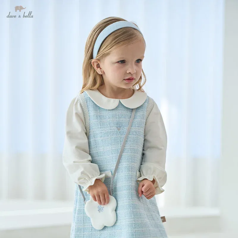 Color: Gold, Kid Size: 32 - Dave Bella Children's Dress 2025 Spring New Girls Baby Gentle Cute Fake Two piece Baby Elegant Princess Dress Party DB1250299