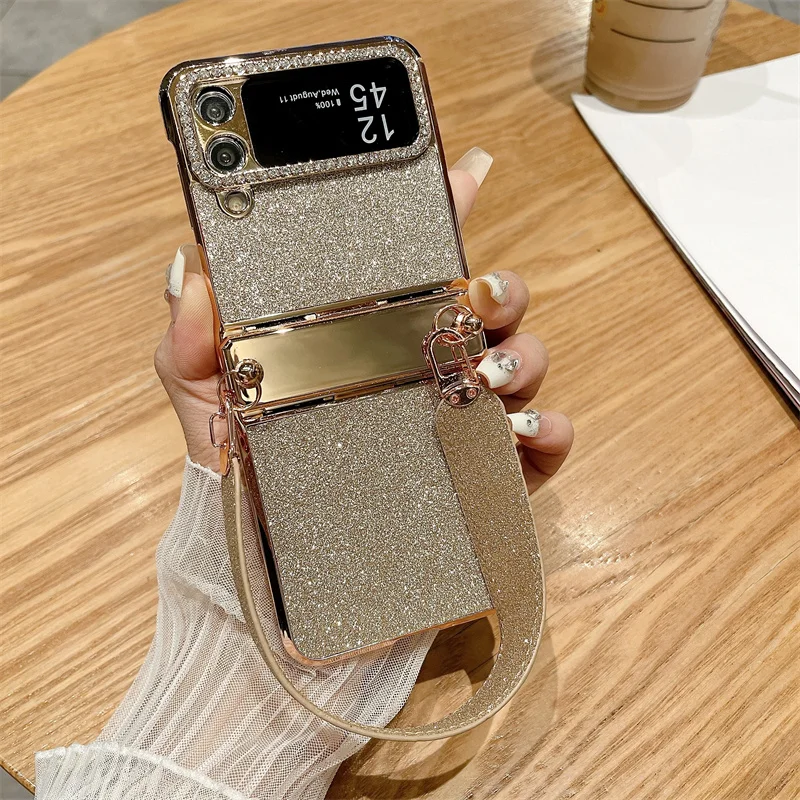 Color: Gold, Material: Cotton Fabric - For Samsung Galaxy Z Flip 6 5 4 3 Case 3D Jewelled Diamond Luxury Gradient Bling Glitter Wrist Strap Holder Tote Bags Cover