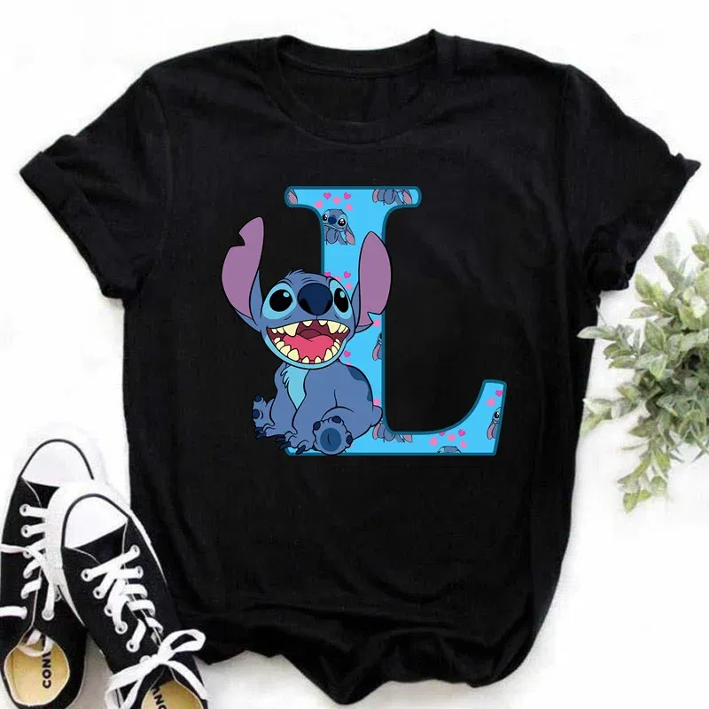Color: Pink, Size: XXL - Disney Lilo&Stitch A-Z Alphabet Summer Women's Printed T-Shirt Women's Casual Tops T-Shirt Fashion Cartoon Plus Size T-Shirt