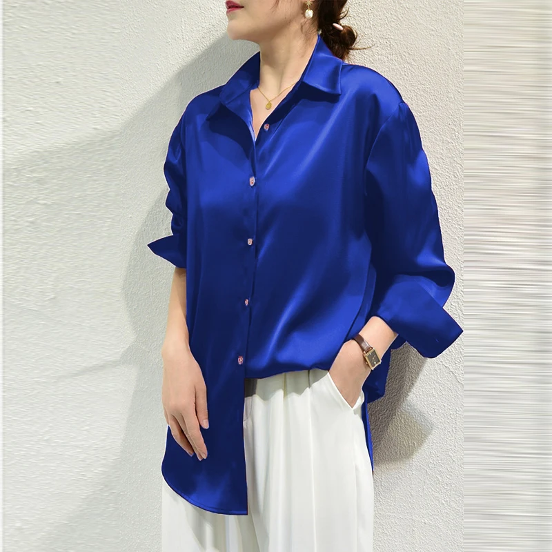 Color: Ivory, Size: XL - All-match Satin Finish Shirts And Blouses Women Clothing Casual Top OL Long Sleeve Button Elegant Shirts French Solid Blouses