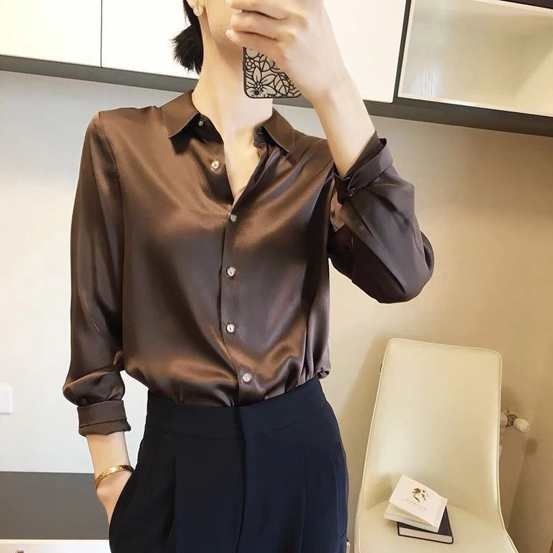 Color: Ivory, Size: XL - All-match Satin Finish Shirts And Blouses Women Clothing Casual Top OL Long Sleeve Button Elegant Shirts French Solid Blouses