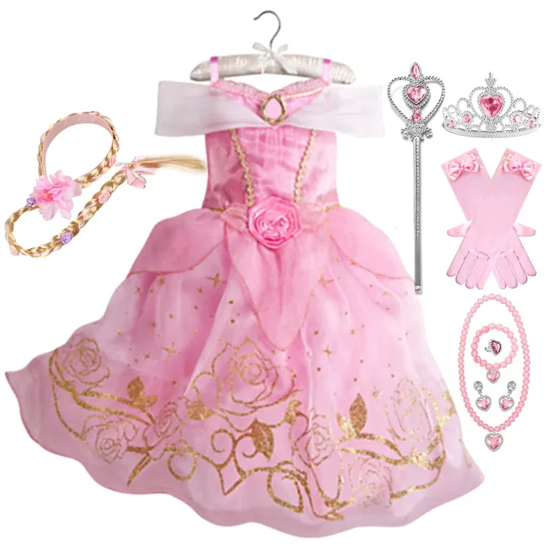 Color: Beige, Kid Size: 11 - Children Halloween Disguise Aurora Cinderella Disney Princess Costume Festival Dress up Kids Girls Sleeping Beauty Frock 1-12Yrs