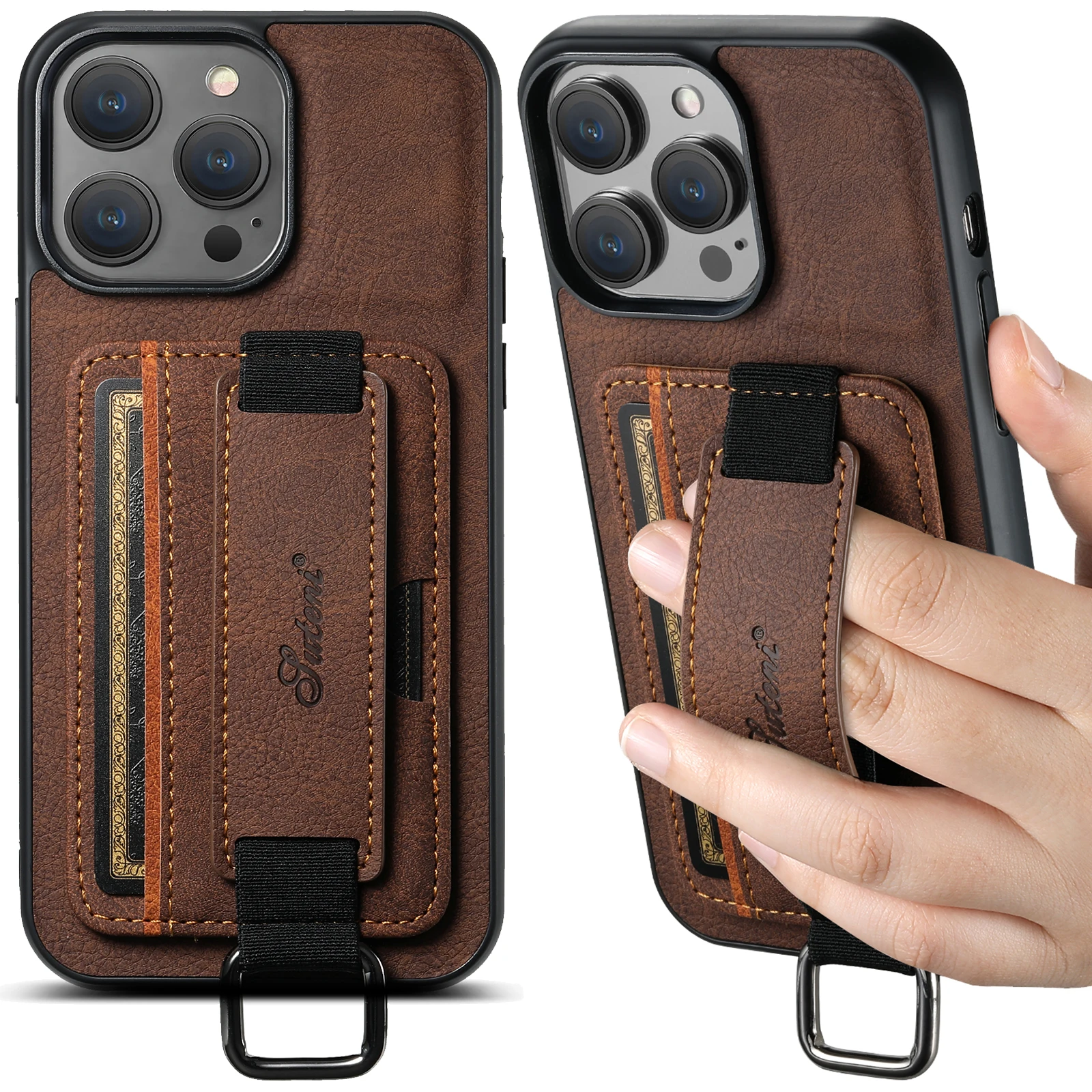 Color: PURPLE, Material: Cotton - SUTENI Lychee skin print wrist strap card phone case Card holder for iPhone 16 ProMax 15 Plus 14 13 12 11 XR XS Black/blue/brown