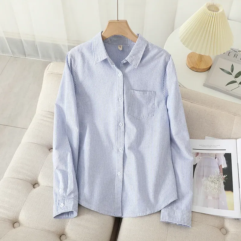 Color: SKY BLUE, Size: M - Women's Casual Cotton Oxford Shirt 2023 New Woman Striped Blouse and Tops Simple Solid Lady White Blue Shirts Clothes