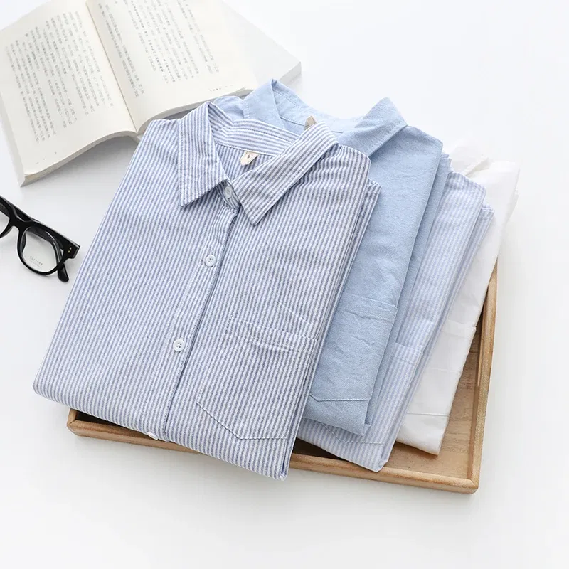 Color: SKY BLUE, Size: M - Women's Casual Cotton Oxford Shirt 2023 New Woman Striped Blouse and Tops Simple Solid Lady White Blue Shirts Clothes