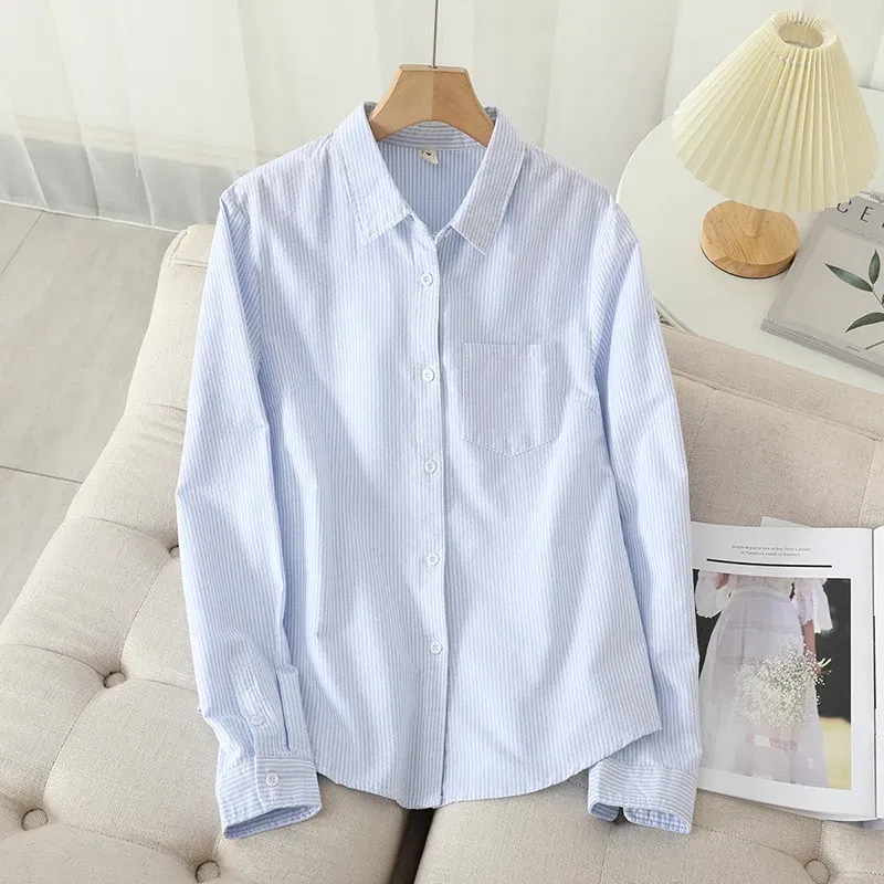 Color: SKY BLUE, Size: M - Women's Casual Cotton Oxford Shirt 2023 New Woman Striped Blouse and Tops Simple Solid Lady White Blue Shirts Clothes
