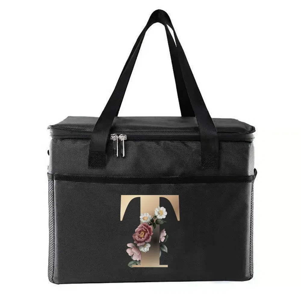 Color: WHITE - Thermal Bag Portable Lunch Bags Insulated Cooler Bag Food Bento Bags Printing Gold Letter Series Travel Picnic Storage Ice Bags