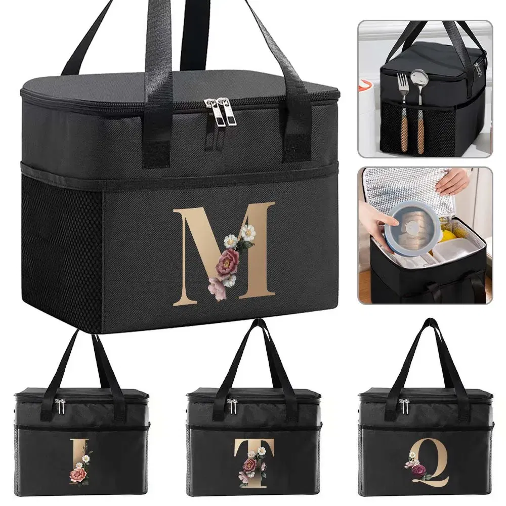 Color: WHITE - Thermal Bag Portable Lunch Bags Insulated Cooler Bag Food Bento Bags Printing Gold Letter Series Travel Picnic Storage Ice Bags