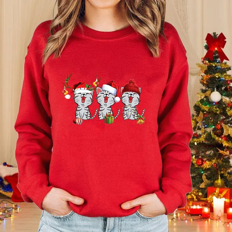 Color: PURPLE, Size: XL - New fashion women's Christmas cat sweater long-sleeved round neck pullover sweater fall and winter Christmas women's tops