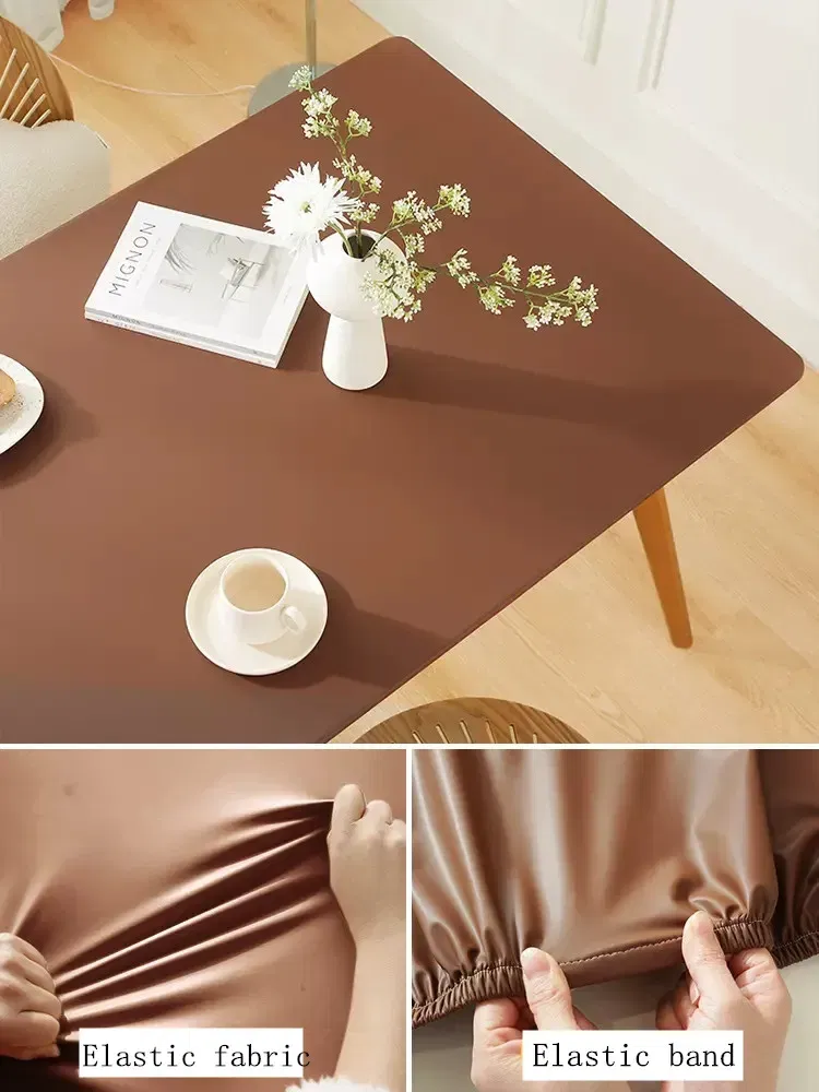 Color: Red, Specification: 80*80cm - Solid color PU leather table cover fixable elastic tablecloth waterproof round square Table cloth custom table protector