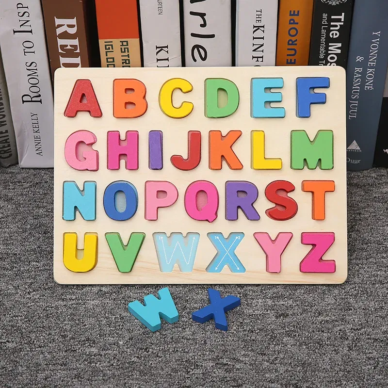 Color: Dark Khaki - Baby Wooden Puzzles Montessori Toys 1 2 Years Toddler Toys Hand Grab Board Alphabet Number Cognition Learning Educational Toys