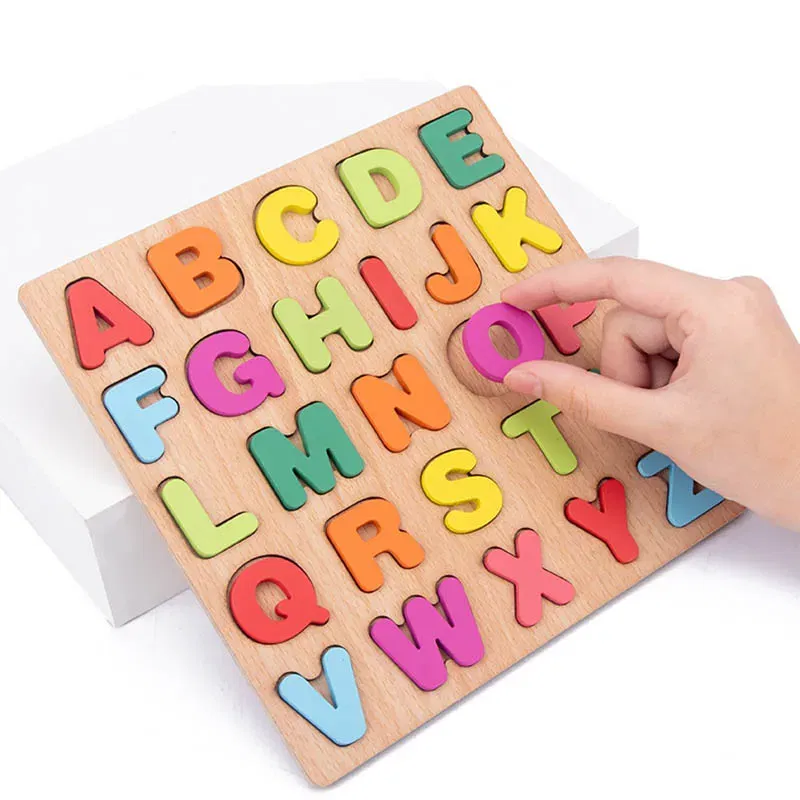 Color: Dark Khaki - Baby Wooden Puzzles Montessori Toys 1 2 Years Toddler Toys Hand Grab Board Alphabet Number Cognition Learning Educational Toys