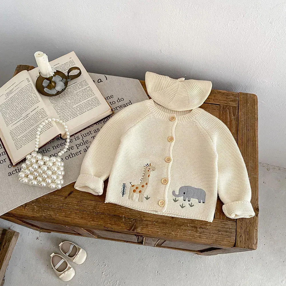 Color: Beige, Kid Size: 24M - 0-3 Y Autumn Baby Girls Clothes Animal Embroidery Sweaters Beige Knitwear O Neck Cardigans