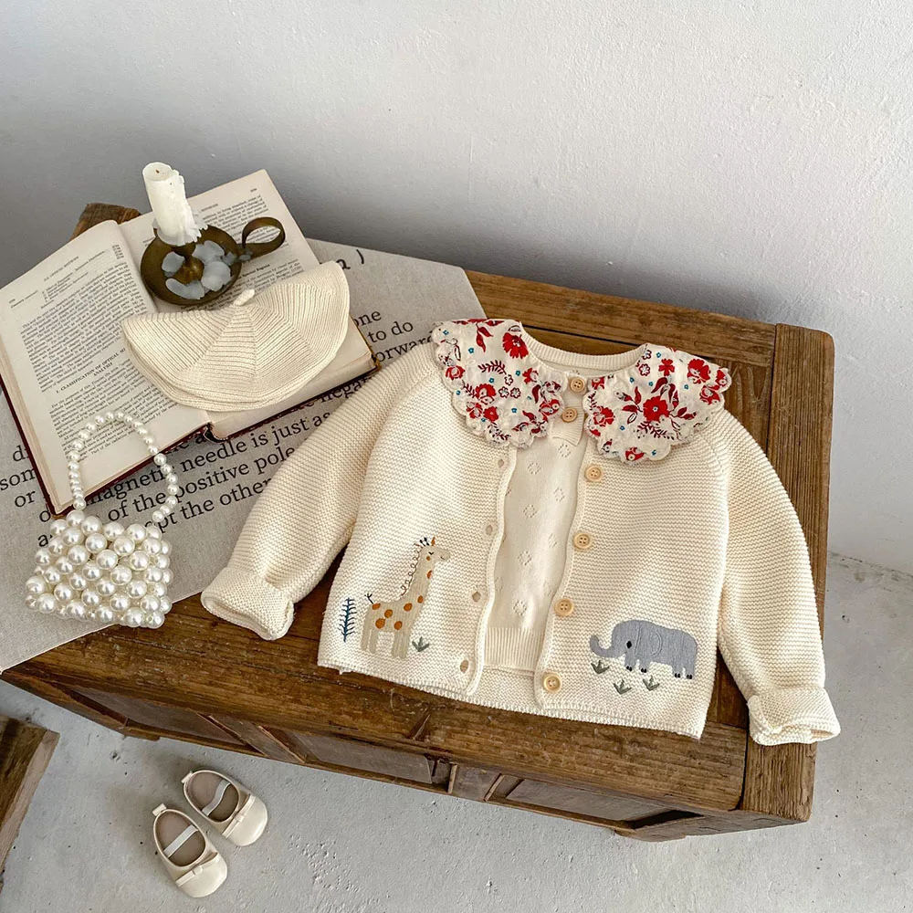 Color: Beige, Kid Size: 24M - 0-3 Y Autumn Baby Girls Clothes Animal Embroidery Sweaters Beige Knitwear O Neck Cardigans