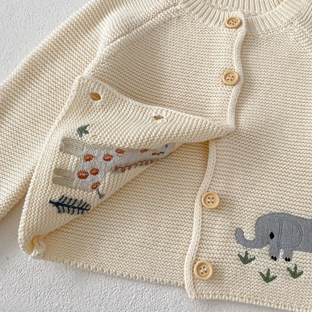 Color: Beige, Kid Size: 24M - 0-3 Y Autumn Baby Girls Clothes Animal Embroidery Sweaters Beige Knitwear O Neck Cardigans