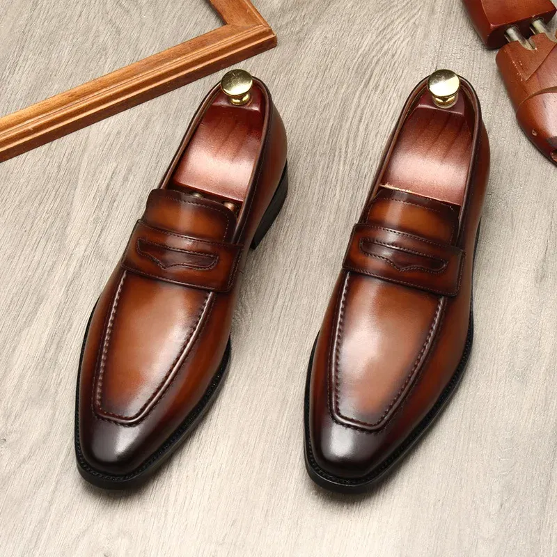 Color: black, Shoe Size: 8.5 - Large Size EUR37-46 Black / Brown Loafers Mens Business Dress Shoes Genuine Leather Prom Party Shoes