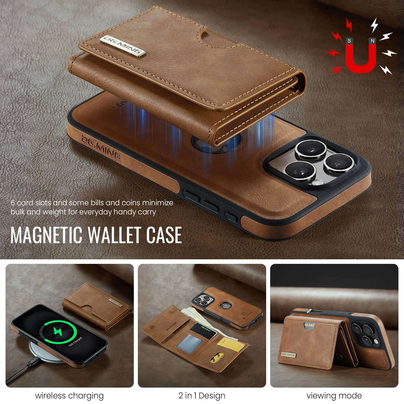 Color: Beige, Material: PVC - Detachable 2 IN 1 Magnetic For Magsafe Leather Case For iPhone 16 Pro Max 15 12 13 11 14 Plus 16e Flip Wallet Card Holder Cover