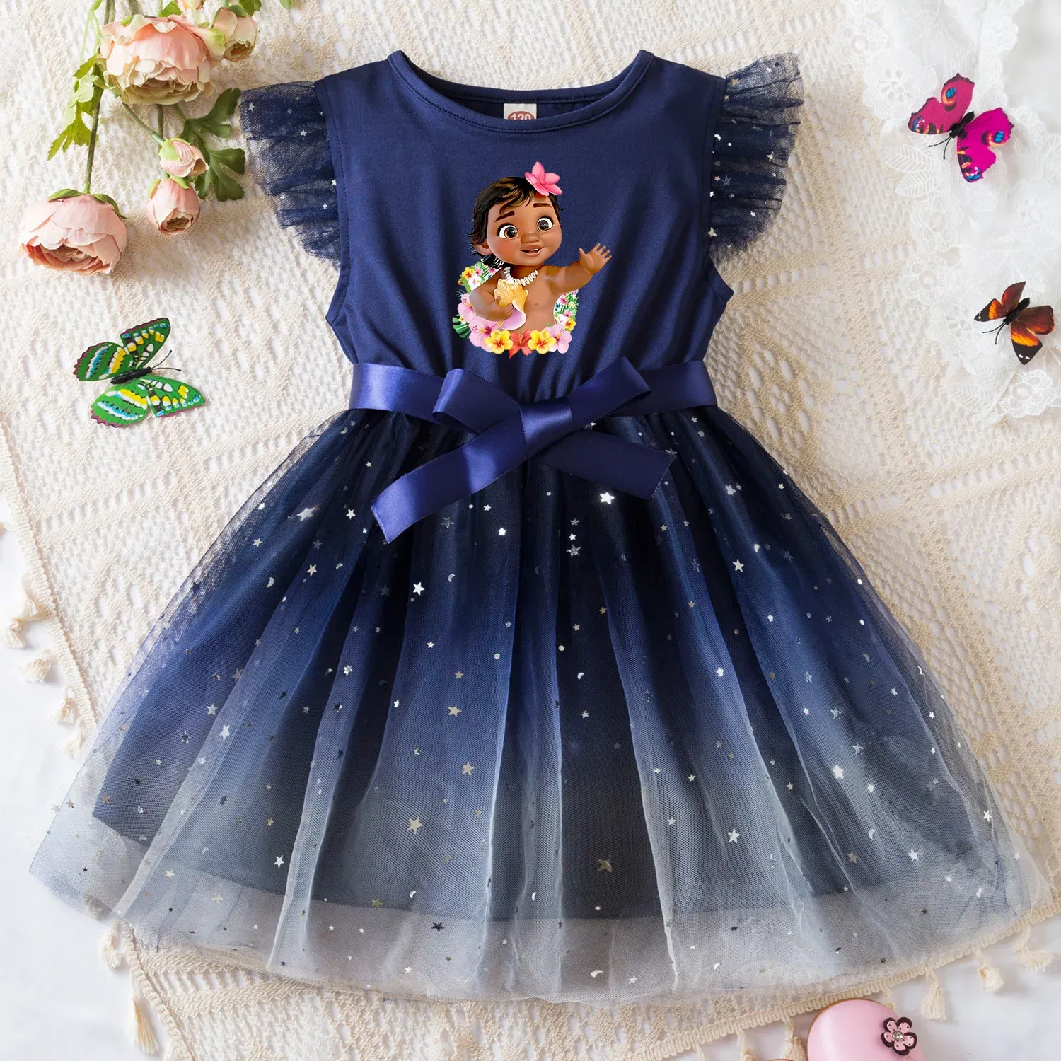 Color: SKY BLUE, Size: XS - Moana Summer Toddler Girl Dress Princess Star Baby Girls Clothes Tulle Tutu Dress for Children Party Dress 2-6Y