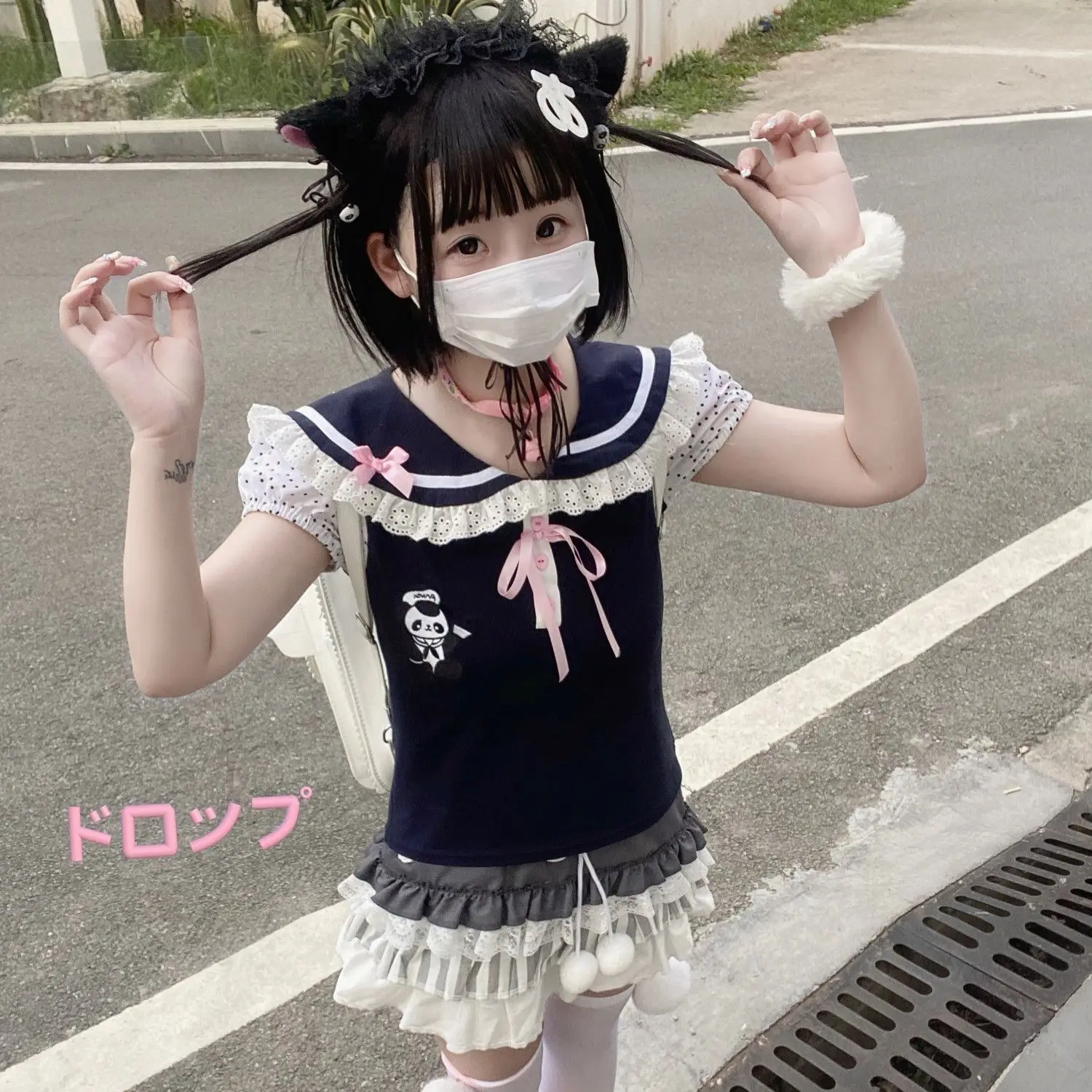 Color: black, Size: L, Ships From: CHINA - Women clothing arcane Y2k Lace T-shirt Kawaii Panda Embroidery Graphic T Shirts Harajuku Fashion Casual Sweetheart Tops Cute Tee