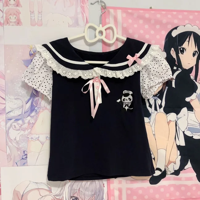 Color: black, Size: L, Ships From: CHINA - Women clothing arcane Y2k Lace T-shirt Kawaii Panda Embroidery Graphic T Shirts Harajuku Fashion Casual Sweetheart Tops Cute Tee